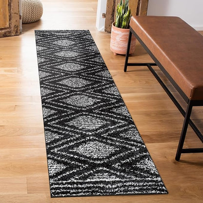 Rugshop Geometric Shag Runner Rug Anthracite Dark Gray and White 2' 3" x 8' Perfect for Hallways, Kitchens, or Behind The Sofa