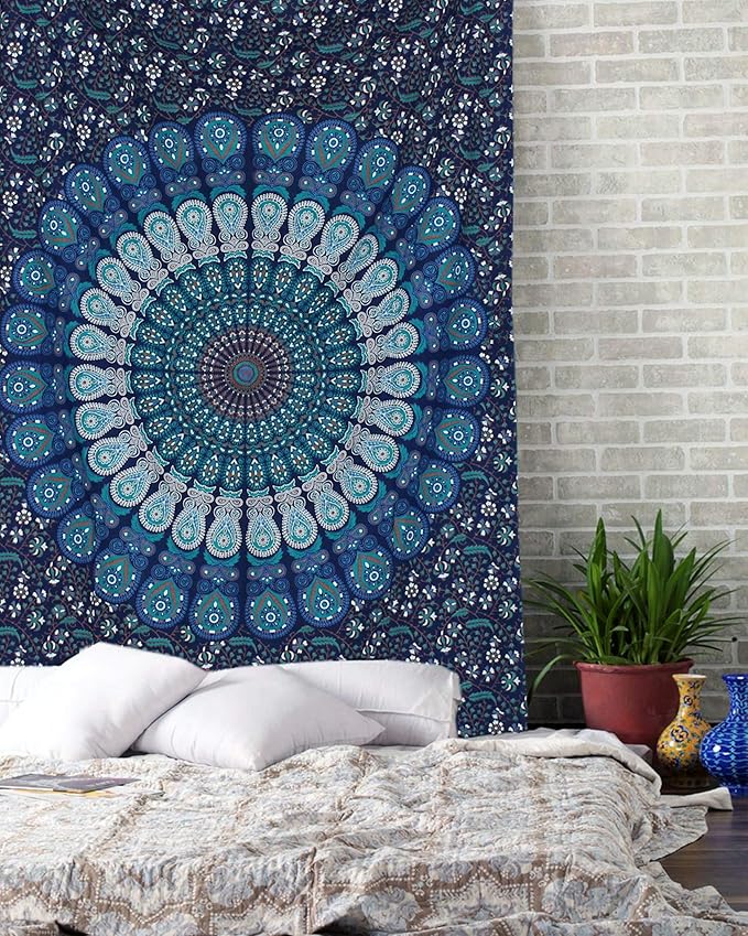 raajsee Turquoise Blue Tapestry- Best Mandala Wall Hanging- Bedding Tapestry For Bedroom Aesthetic-Size TWIN 140 X 210 CMS