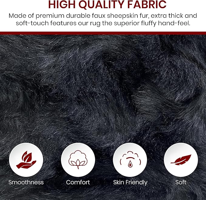 Free Shape Luxury Soft Fluffy Shag Area Rug Single and a Half 2'x4', 60x120cm - Vegan Fur Ultra Soft Indoor Carpet Nursery Rugs for Bedroom Home Decor, Black