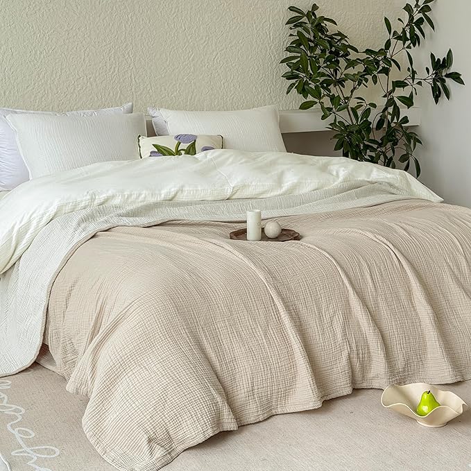 FALUCA Cotton Muslin Reversible Blanket Twin Size for Bed, Couch, Four Layers Blanket, Soft Lightweight Cozy Breathable Farmhouse Decoration for All-Season, Khaki