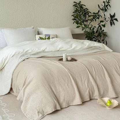 FALUCA Cotton Muslin Reversible Blanket Queen Size for Bed, Couch, Four Layers Blanket, Soft Lightweight Cozy Breathable Farmhouse Decoration for All-Season, Khaki
