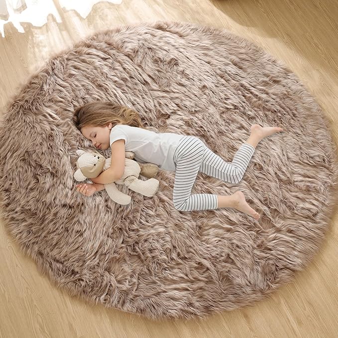 Beige Round Cozy 4ft Shag Rug Washable Furry Soft Area Rug for Living Room Bedroom Cute Nursery Decor Circle Carpet Faux Fur Fluffy Home Décor