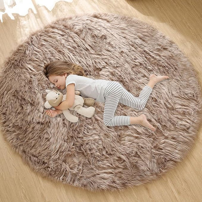 Beige Round Cozy 4ft Shag Rug Washable Furry Soft Area Rug for Living Room Bedroom Cute Nursery Decor Circle Carpet Faux Fur Fluffy Home Décor