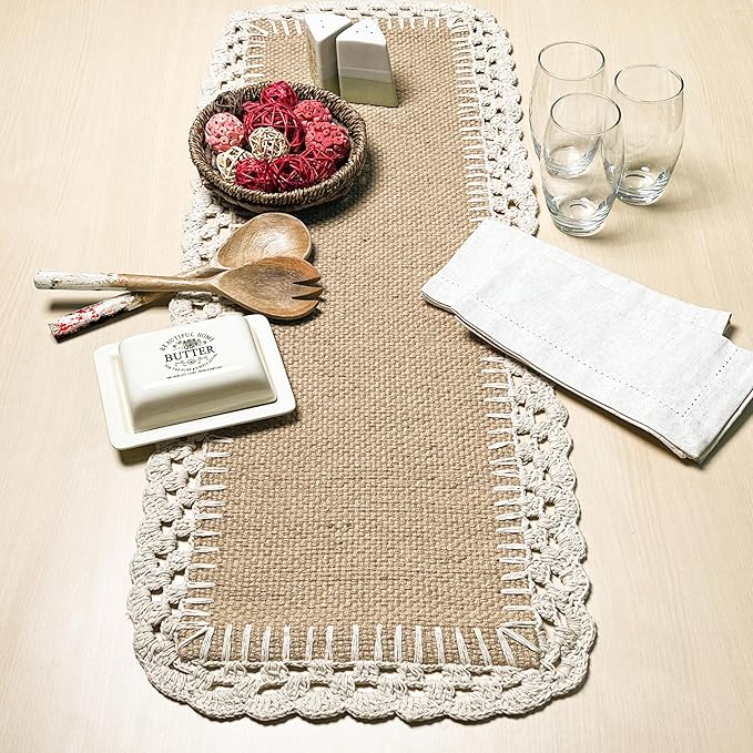 Chardin Home Woven Jute with Ivory Handcrafted Crochet Border Decorative Table Runner, 13x36 Inch, Artisanally Crafted Rustic Farmhouse Table Topper, Perfect for Tables