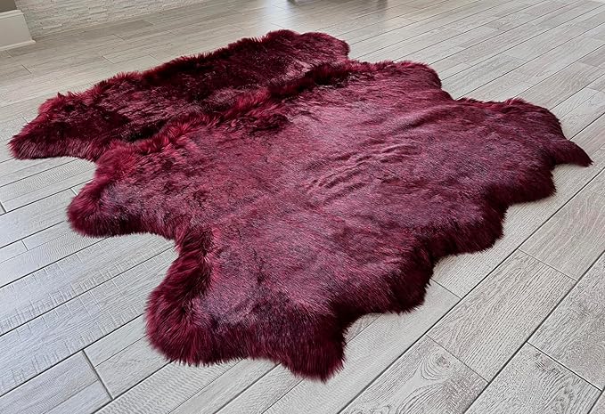 Free Shape Luxury Soft Fluffy Shag Area Rug Sexto 6 Pelts 6'x6',180x180 cm - Vegan Fur Ultra Soft Indoor Carpet Nursery Rugs for Bedroom Home Decor, Burgundy
