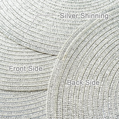 AHHFSMEI Round Braided Placemats 15 Inch Round Table Mats for Dining Tables Natural Woven Heat Resistant Place mats Set of 6 (Silver Shine)