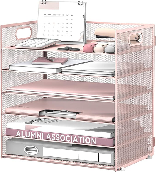 Daltack 6 Tier Paper Organizer for Desk, Paper Letter Tray Organizer for Desks, Mesh Desk File Organizers with Handle for Office, Home, School, Pink