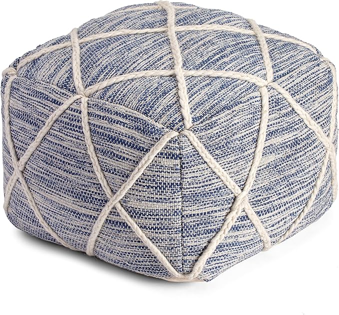Anji Mountain 100% Handmade & Handcrafted Comfortable Home Décor Pouf Ottoman Footrest for Living Room, Bedroom, Nursery, Kidsroom, Patio Furniture - (22" x 22" x 16"- Ivory,Blue)