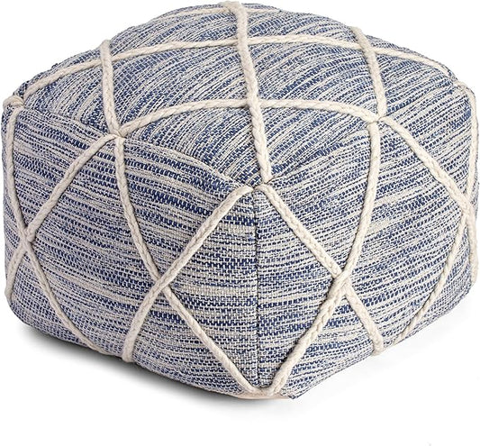Anji Mountain 100% Handmade & Handcrafted Comfortable Home Décor Pouf Ottoman Footrest for Living Room, Bedroom, Nursery, Kidsroom, Patio Furniture - (22" x 22" x 16"- Ivory,Blue)