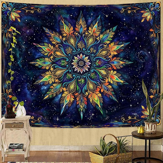 Fowocu Boho Floral Mandala Tapestry for Bedroom Aesthetic Blue Bohemian Colorful Flower Wall Tapestry Purple Hippie Indian Large Tapestries Wall Hanging for Living Room Dorm Decor 80 x 60 Inch