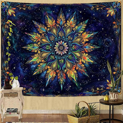 Fowocu Boho Floral Mandala Tapestry for Bedroom Aesthetic Blue Bohemian Colorful Flower Wall Tapestry Purple Hippie Indian Large Tapestries Wall Hanging for Living Room Dorm Decor 80 x 60 Inch