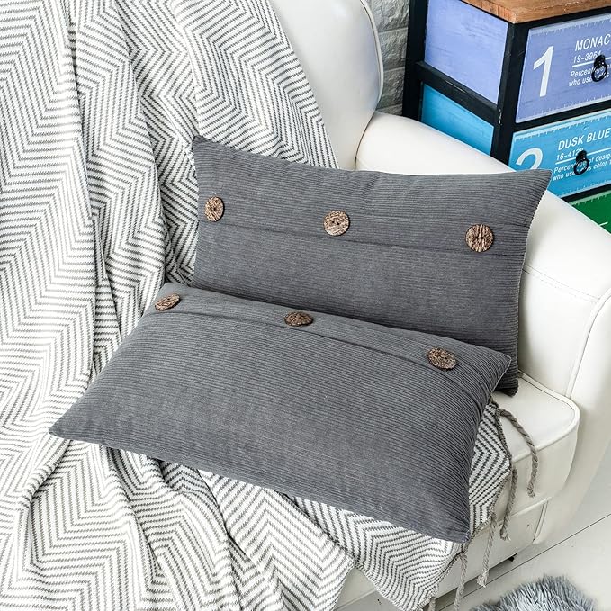 HWY 50 Gray Grey Chenille Throw Pillow Covers 12x20 Inch with Triple Buttons, Soft Farmhouse Accent Decorative Cushion Cases for Couch Sofa Bed Living Room Pack of 2 Rectangle