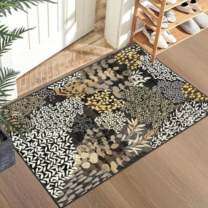 DEXDE 2x3 Area Rug, Small Boho Rugs Entryway Doormat Indoor Machine Washable Non-Slip Abstract Botanical Leaves Floral Floor Carpet for Living Room Bedroom Office Playroom, Black