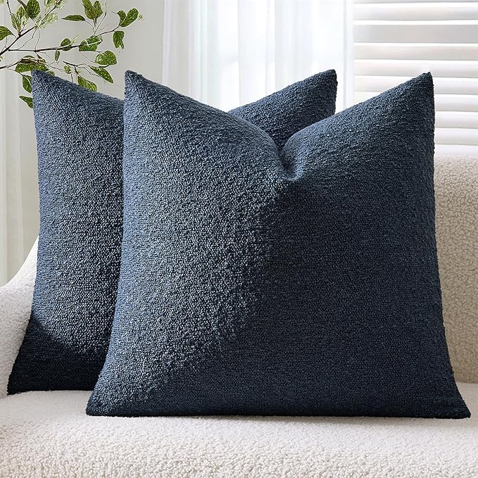 ANRODUO Pack of 2 Textured Boucle Throw Pillow Covers Soft Navy Blue Euro Decorative Accent Solid Pillow Cases Cozy Modern Couch Cushion Case for Bed Sofa Bedroom Living Room Home Decor, 22 x 22 Inch