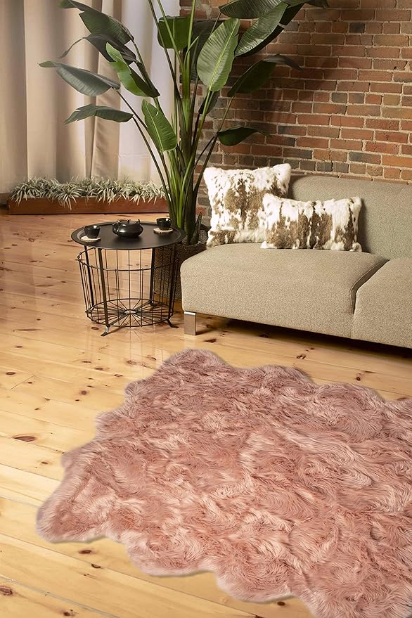 Luxe Gordon Faux Fur Rug with Soft and Fluffy Pile | Machine Washable Living Room Rug with Anti-Slip Backing | Cruelty-Free Area Rugs for Office or Bedroom, Dusty Rose, 6 ft x 6 ft