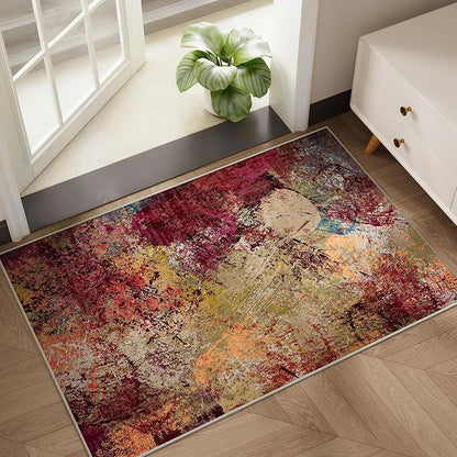 Arbosofe Modern Abstract Area Rug 2'x3' Washable Small Entry Rug, Short Pile with Non-Slip Backing Throw Rugs, Foldable Kitchen Bathroom Rugs, Small Rug with Abstract Pattern for Entryway Red Orange