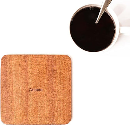 Atlanta Map Coaster by O3 Design Studio, Set Of 4, Sapele Wooden Coaster With City Map, Handmade
