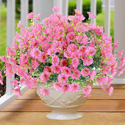 Artificial Flowers for Outdoors 12 Bundles Realistic Faux Plants UV Resistant Fake Silk Morning Glory with Eucalyptus for Front Door Planter Patio Porch Outside Spring Summer Decoration (Pink)