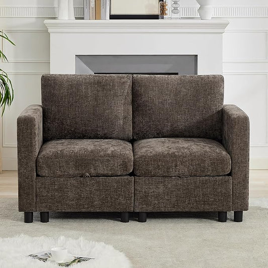 58'' Modular Sectional Loveseat Sofa, Modern Love Seat 2 Seater Sofa Couch with Storage, Chenille Modular Sectional Couch for Living Room, Bedroom, Office, Small Apartment, Brown