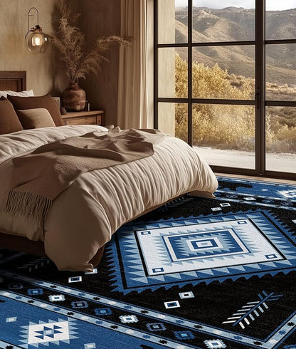 Aztec Rug 6x9 - Southwestern Bear Cabin Area Rugs for Living Room Bedroom, Rustic Geometric Machine Washable | Non-Slip | Soft Large Carpets, Native American Room Decor (Blue White Black)