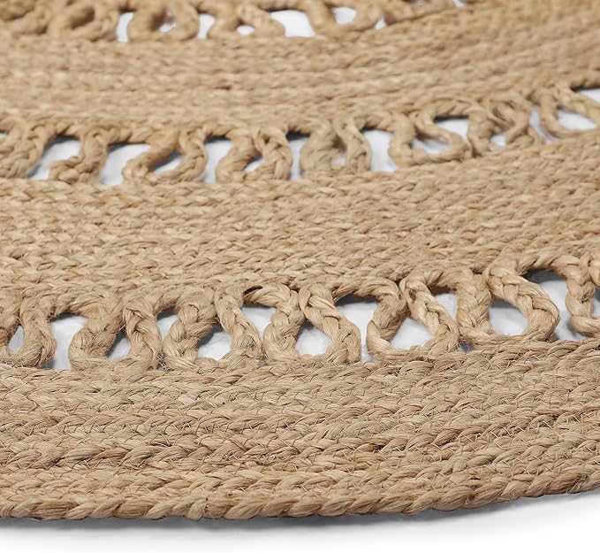 REDEARTH · Round Area Rug - 5 Feet Braided Scalloped Earthy Trails Jute Rug- Artisan Made Boho Jute Patterned Rugs for Bedroom, Kitchen, Living Room, Farmhouse, Aesthetic, Handmade Vintage Décor