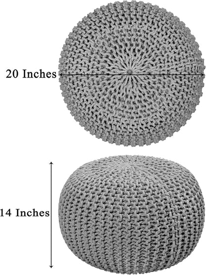 COTTON CRAFT Round Dori Pouf - Cotton Braid Cord Cable Knitted Ottoman - Foot Stool - Footrest - Floor Pouf - Woven Ottoman - Bean Bag - Living Room Dorm - 20 inches Diameter x 14 Height - Light Grey