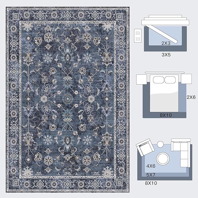 Tangsoo 2.6x8 Runner Rug for Hallway Kitchen, Non Slip Washable Long Rug Runner Boho Vintage Floral Carpet, Distressed Blue Black Soft Low Pile Indoor Runners for Entryway, Laundry, Kids&pets Friendly