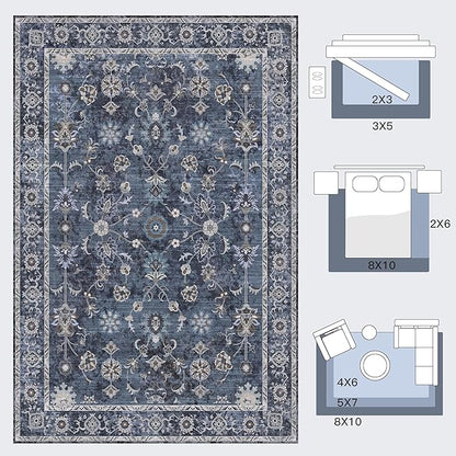 Tangsoo Small Rug 2x3 Throw Rugs for Entryway Washable Entry Rug Non Slip, Vintage Blue Floral Indoor Rugs Distressed Small Carpet Soft Low Pile Boho Door Mat for Entrance Bedroom Kitchen Foyer Decor