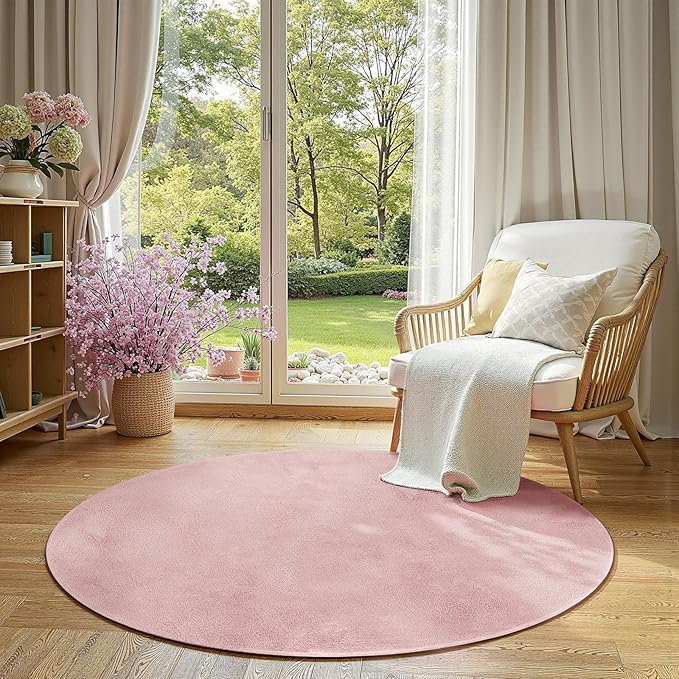 jinchan Solid Plush Round Rug 5ft Performance Shaggy Circle Rug 5' Round Washable Indoor Soft Modern Faux Wool Non Slip Carpet for Living Room Kids Room Bedroom Dining Room Pink