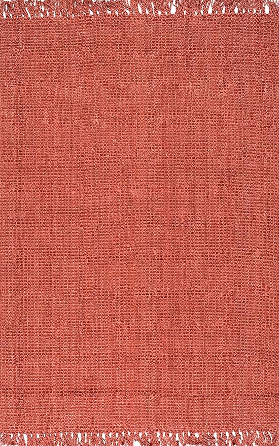nuLOOM 8x10 Daniela Jute Tassel Hand Woven Area Rug, Brick, Solid Chunky Farmhouse Design, Natural Fiber, For Bedroom, Dining Room, Living Room, Hallway, Office, Entryway