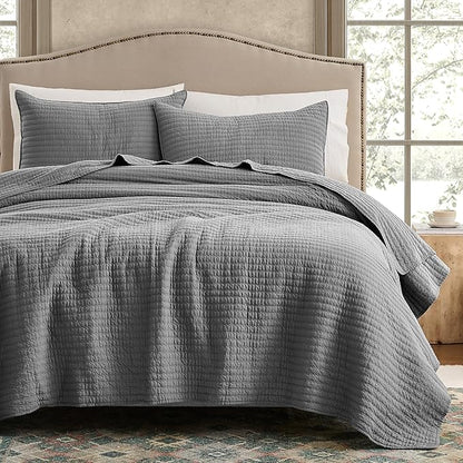 WDCOZY 100% Cotton Twin Size Quilt Set - Grey Striped Pick Stitch Soft Lightweight Bedspread, Textured Like Linen, Farmhouse Country Rustic Coverlet, Shabby Chic Gauze Bedding, 2 Pieces