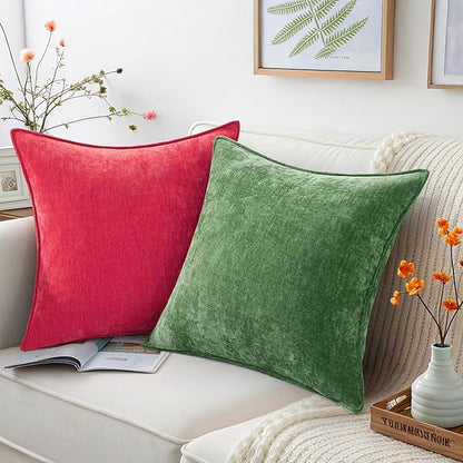 decorUhome Spring Couch Throw Pillow Covers 18x18 Set of 2, Decorative Soft Velvet Neutral Chenille Pillow Covers with Elegant Design for Sofa Bed Living Room Home Decor, Red