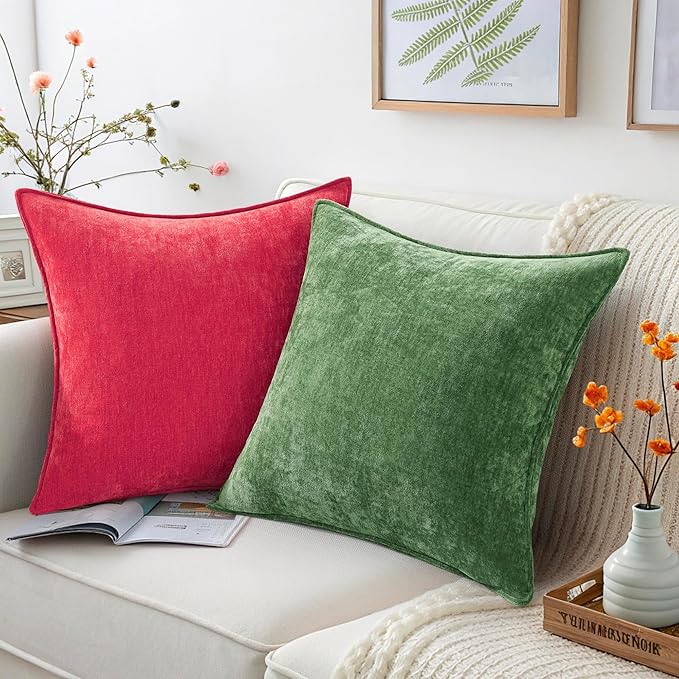 decorUhome Spring Couch Throw Pillow Covers 16x16 Set of 2, Decorative Soft Velvet Neutral Chenille Pillow Covers with Elegant Design for Sofa Bed Living Room Home Decor, Red