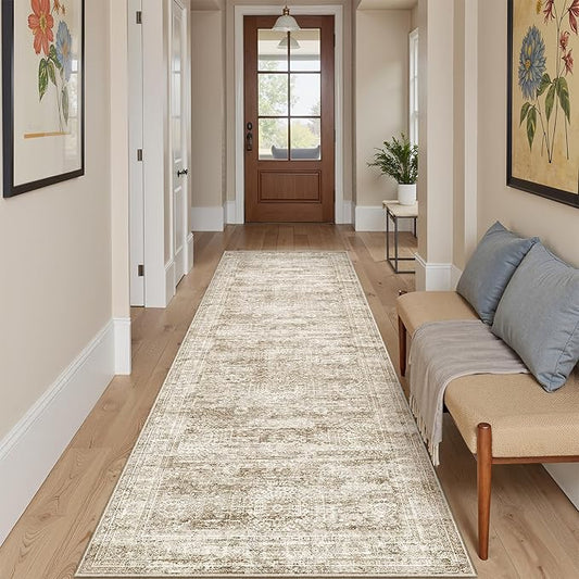 Runner Rug 2'6" x 10' Washable Non-Slip Runner Rugs for Kitchen Bathroom Laundry Room Vintage Ultra Thin Runners for Hallway Entryway Brown