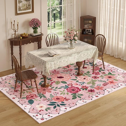 DUKINO 5x7 Area Rug, Nursery Floral Rugs for Living Room, Lightweight Non Slip Washable Rug, Indoor Low Pile & Non-Shedding Boho Design Rugs for Girls Bedroom, Kids Playroom, Dining Room, Pink