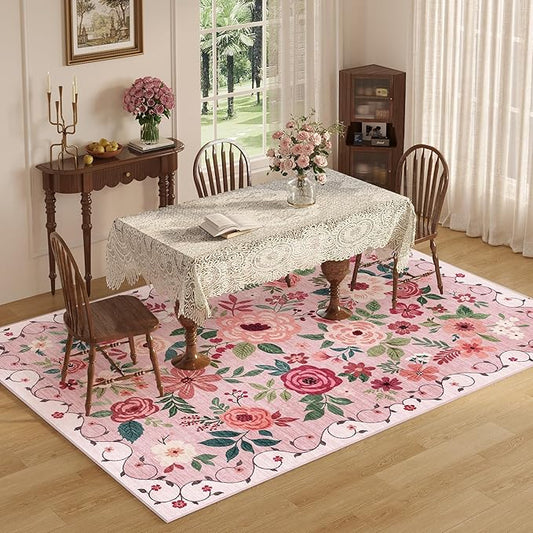 DUKINO 9x12 Area Rug, Floral Rugs for Living Room, Lightweight Non Slip Washable Rug, Indoor Low Pile & Non-Shedding Boho Design Rugs for Bedroom, Living Room, Dining Room, Pink