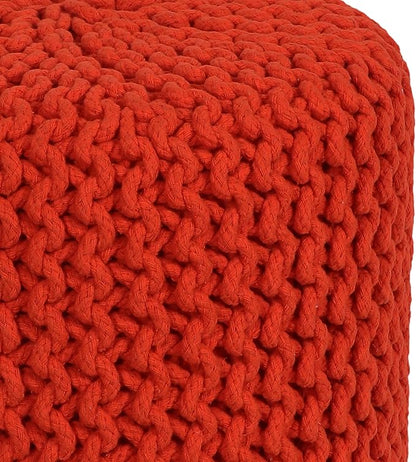 COTTON CRAFT Braided Round Pouf - Hand Knitted Cotton Cord Cable Dori Cylindrical Ottoman - Foot Stool - Floor Pouf - Footrest - Accent Seat - Living Room Bedroom Dorm Décor - 15 Round x 16 H - Orange