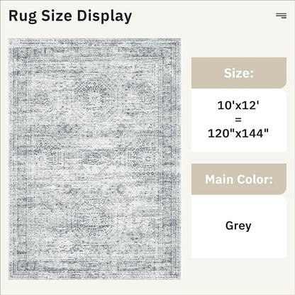 Area Rug 10x12 Vintage Washable Living Room Large Gray Carpet Non Slip Bedroom Indoor Office Dining Room Low Pile Thin Rug Grey