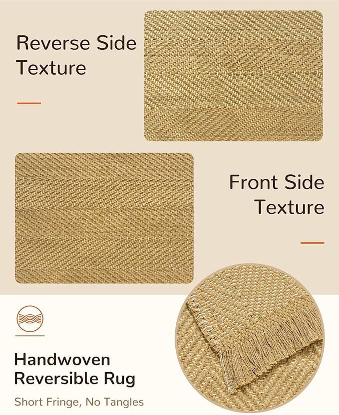 BESTSWEETIE 8x10 Washable Rug Hand-Woven Low Pile Soft Modern Farmhouse Bohemian Decor Reversible Braided Rugs with Tassels Throw Carpet for Living Room Bedroom Entryway Bathroom, Natural Jute