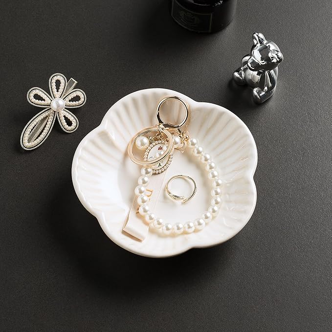 Flower Shape Ring Tray Jewelry Dish Key Bowl Ceramic Trinket Tray Decorative Jewelry Dish for Rings Necklace Earring Key Watch Home Decoration for Friend Sister Mom(White)