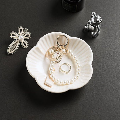 Flower Shape Ring Tray Jewelry Dish Key Bowl Ceramic Trinket Tray Decorative Jewelry Dish for Rings Necklace Earring Key Watch Home Decoration for Friend Sister Mom(White)