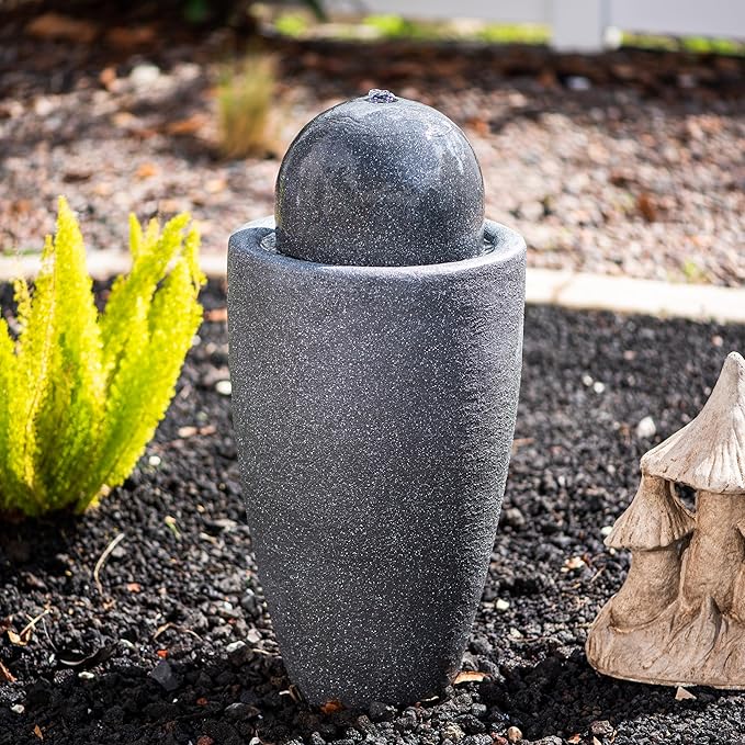 XBrand 25.98" H Blue Round Stone Indoor/Outdoor Modern Sphere Water Fountain w/LED Lights – Ball Bubbling Fountain Décor for Garden, Patio, or Tabletop