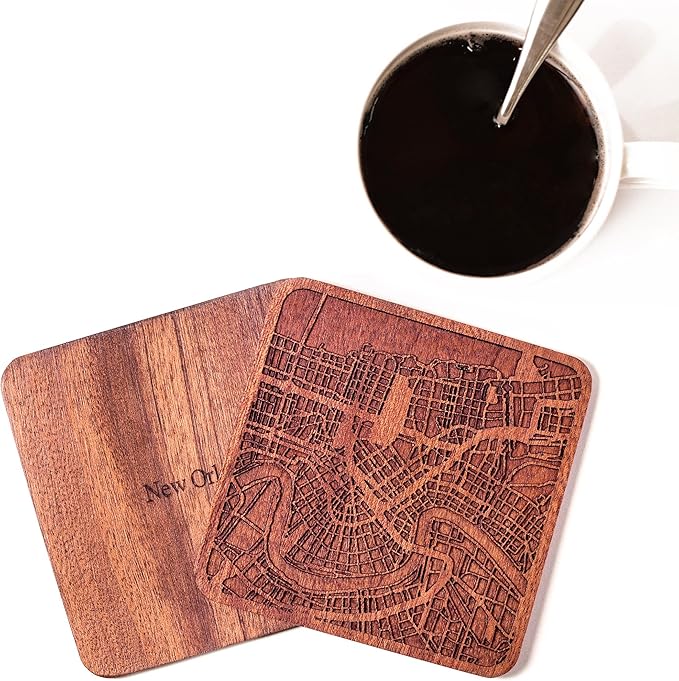 New Orleans Map Coaster by O3 Design Studio, Set Of 4, Sapele Wooden Coaster With City Map, Handmade