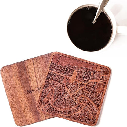 New Orleans Map Coaster by O3 Design Studio, Set Of 4, Sapele Wooden Coaster With City Map, Handmade