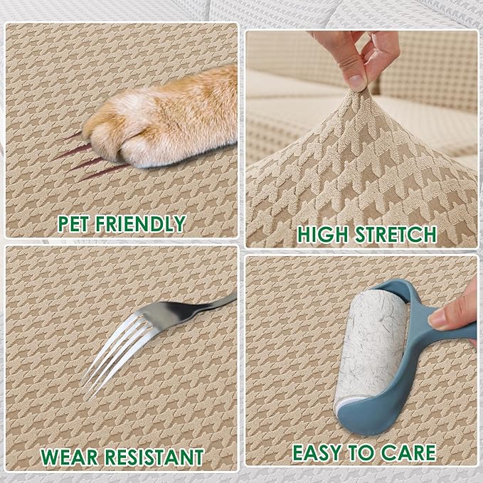 MAXIJIN Couch Cushion Covers for Sectional Sofa, Stretch Sofa Cushion Cover Washable Furniture Protector with Elastic Bottom & Non-Slip Strap for Pets Kids (3PC Seat Cover, Khaki)