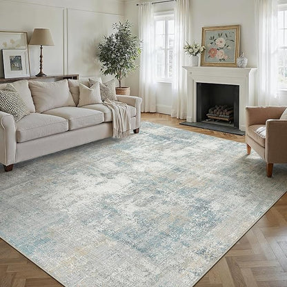 9x12 Area Rug Blue Cream Abstract Living Room Bedroom Washable Carpet Neutral Modern Non-Slip Soft Low Pile Lightweight Vacuumable Large Throw Rug for Dining Room