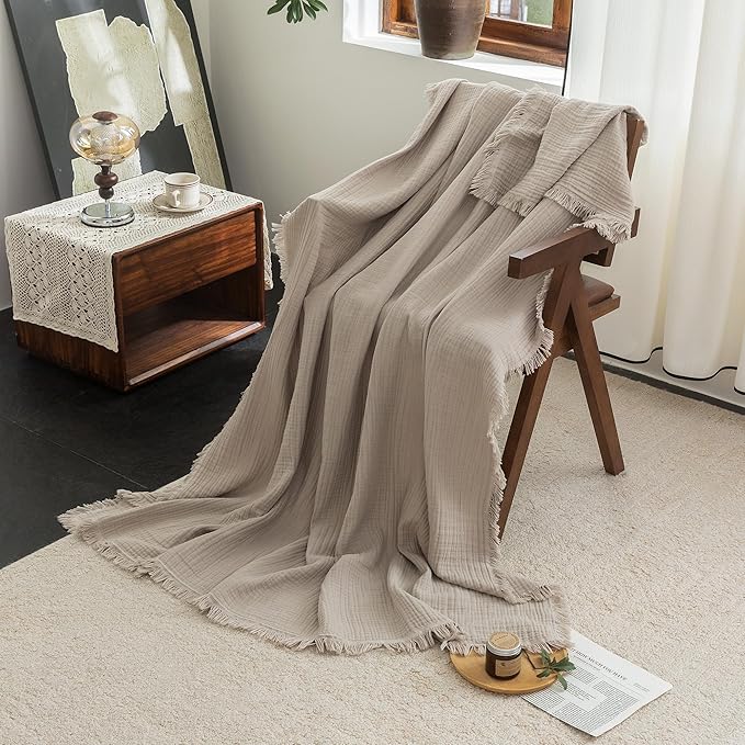 FOSSA Muslin Blanket with Fringe - 4-Layer 100% Cotton Gauze Super Soft & Breathable Throw -Lightweight Decorative Cooling Blanket for Bed, Sofa, Office -Oversize Queen Size 98" × 98" (Beige Gray)