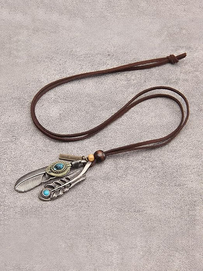 Leather Necklace for Women Boho Choker Necklace Long Cord Leather Pendant Bohemian Neckalce Vintage Alloy Pendant Leather Rope Necklace Wooden Necklaces for Women