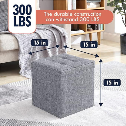 Ornavo Home Square Storage Ottoman Linen Foldable Tufted Cube Storage Ottoman Foot Rest Stool/Seat with Table Top Lid, Coffee Table Ottoman - 15" x 15" x 15" (Gray)