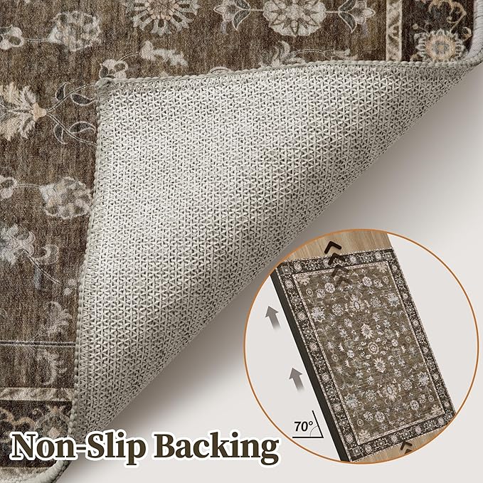 Tangsoo 3x5 Brown Washable Rug, Vintage Throw Entryway Rugs Non Slip, Soft Low Pile Floor Rug Floral Indoor Area Rugs Carpet for Living Room Bedroom Office Laundry Bedside Entry Entryway Farmhouse